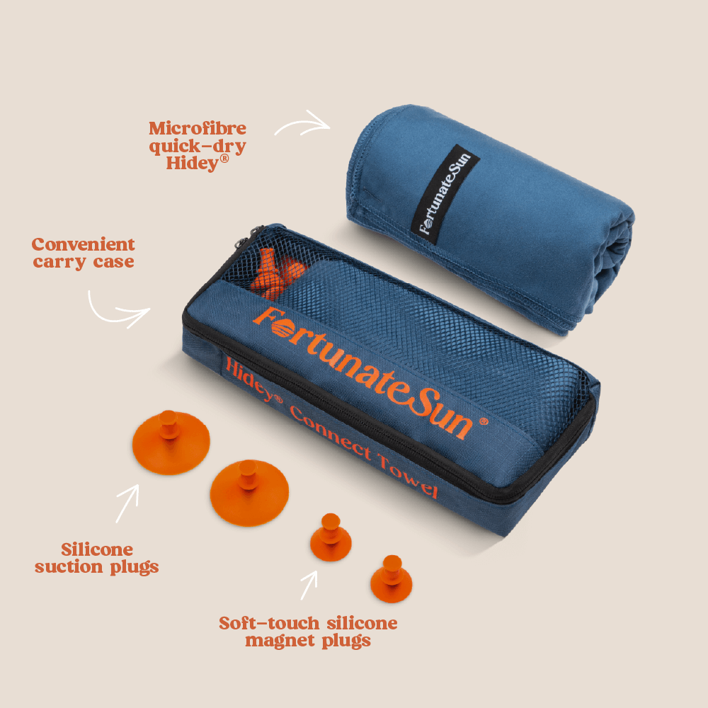 Fortunate Sun towel Hidey set with microfibre towel, carry case, and suction cups and magents on a beige background