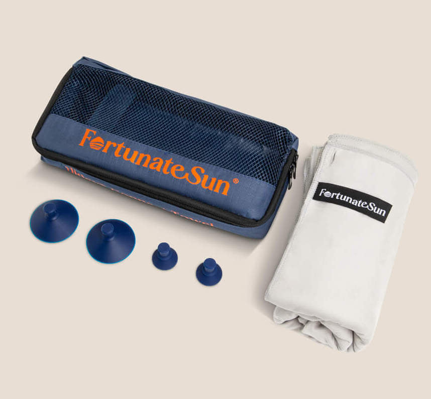 Fortunate Sun HIdey product set including a blue travel case, white towel, and blue attachments on a beige background